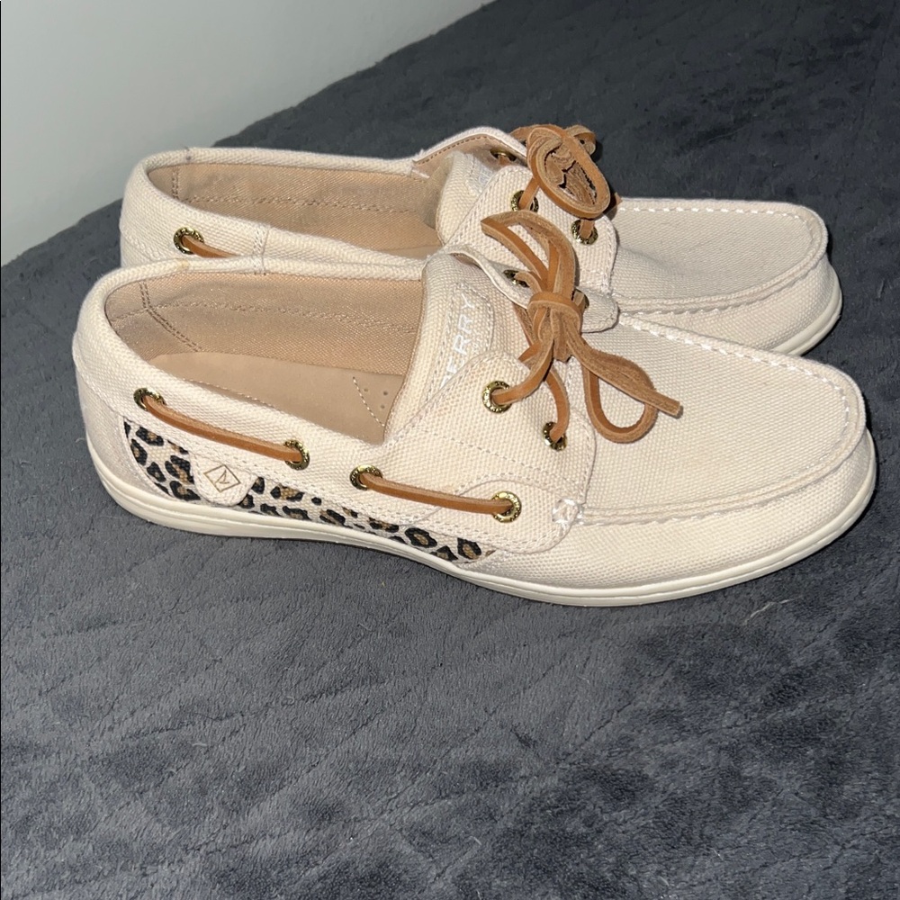Sperry Cream Loafers with Leopard Detail